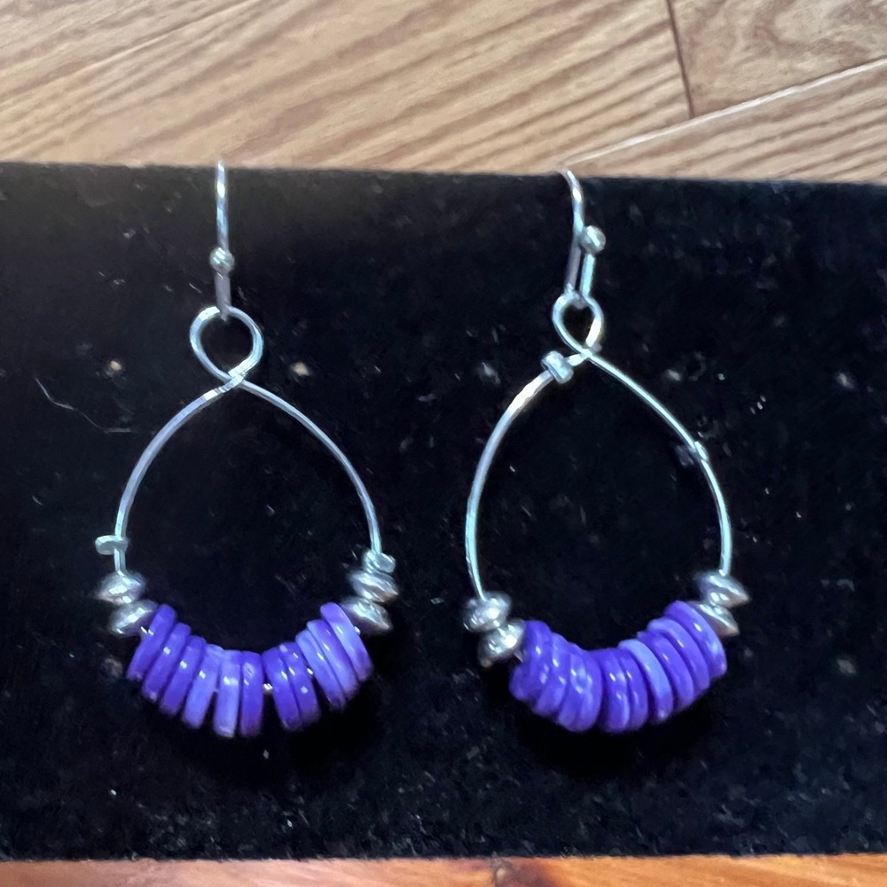 Vintage Purple Round‎ Beaded Silver Tone Chandelier Dangle Drop Earrings
